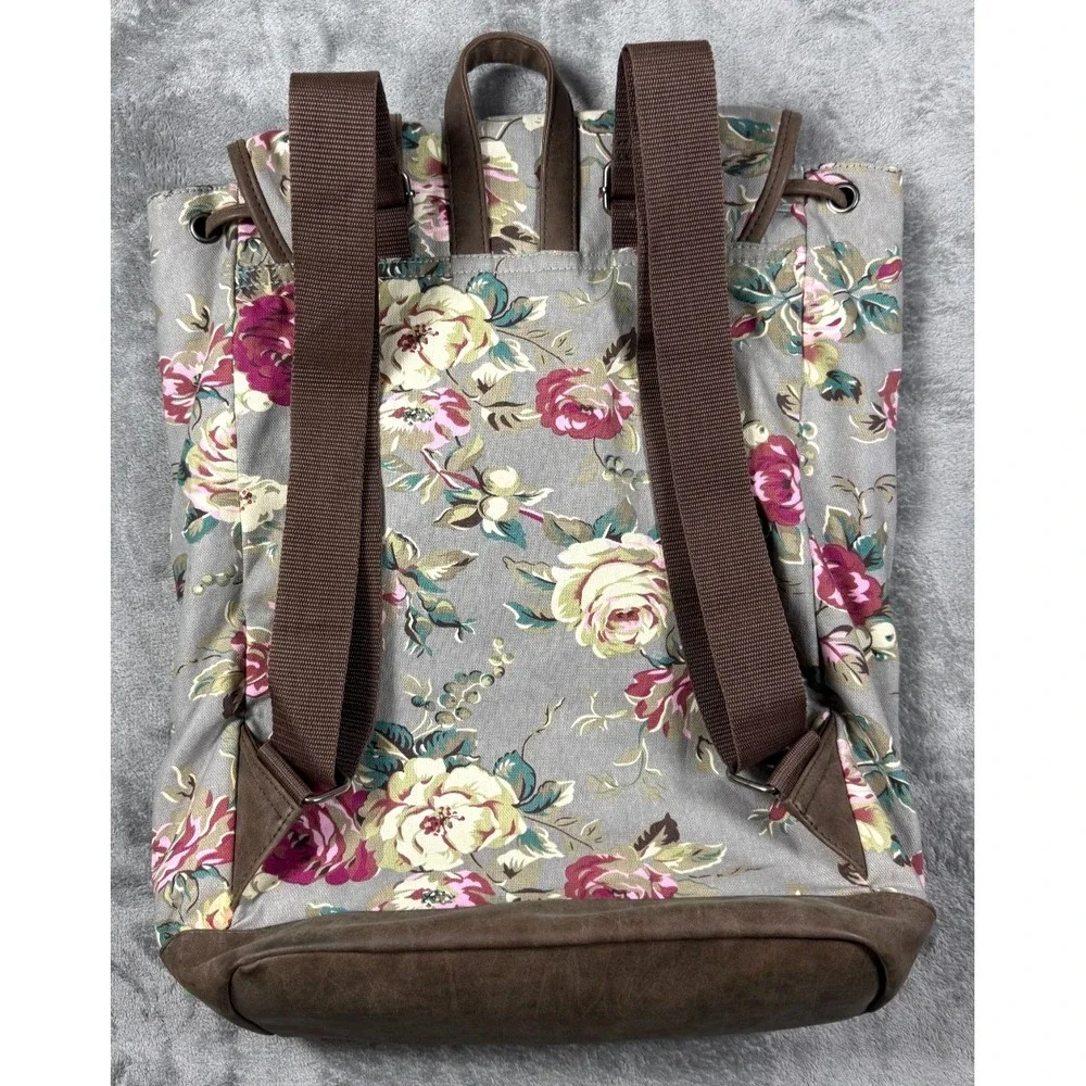 American Eagle Floral Canvas Drawstring Rucksack Backpack Gray Pink OS 169956